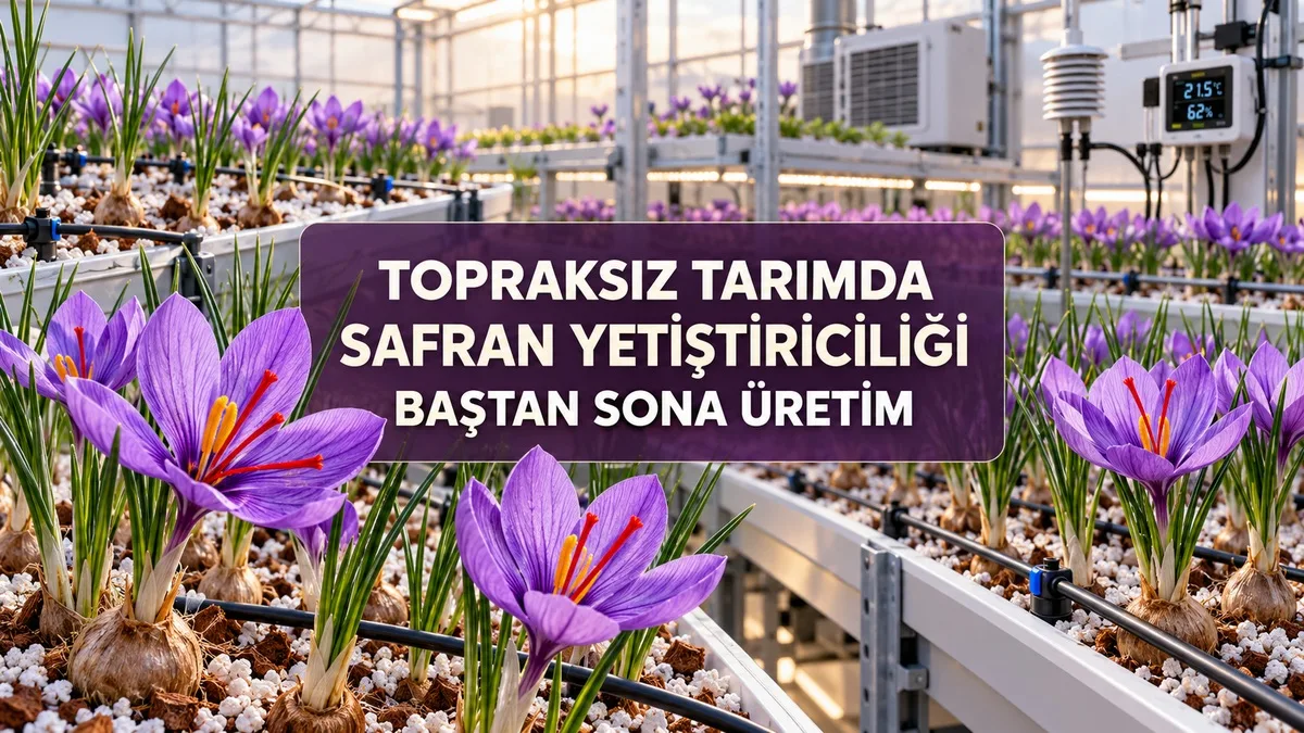 Perlit ve cocopeat ortamında damla sulama sistemiyle yetiştirilen safran çiçekleri ve kontrollü üretim serası.