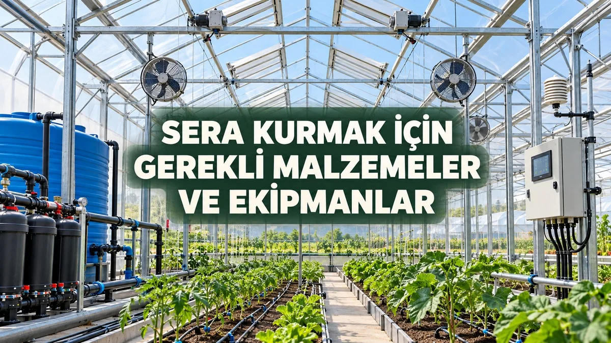 Modern serada galvanizli konstrüksiyon, havalandırma fanları, sulama filtreleri, su deposu ve iklim kontrol ekipmanları.