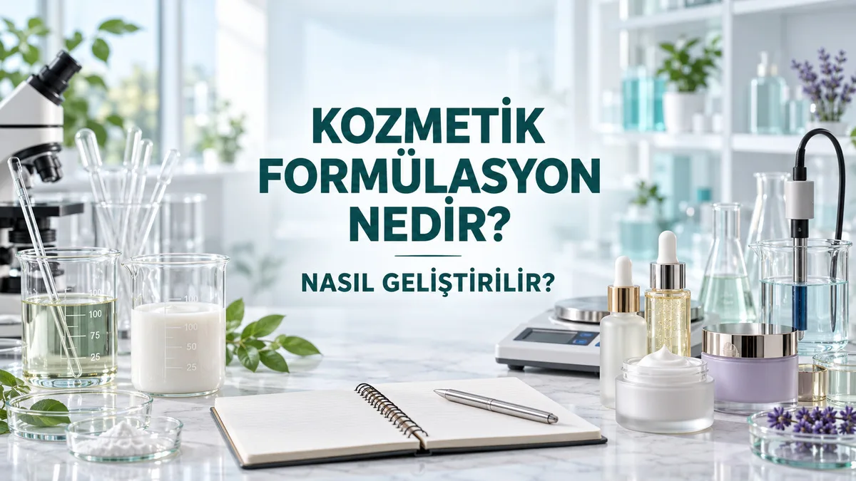 Laboratuvar ortamında hassas terazi, beherler ve kozmetik hammaddeleriyle profesyonel kozmetik formülasyonu geliştirilmesi