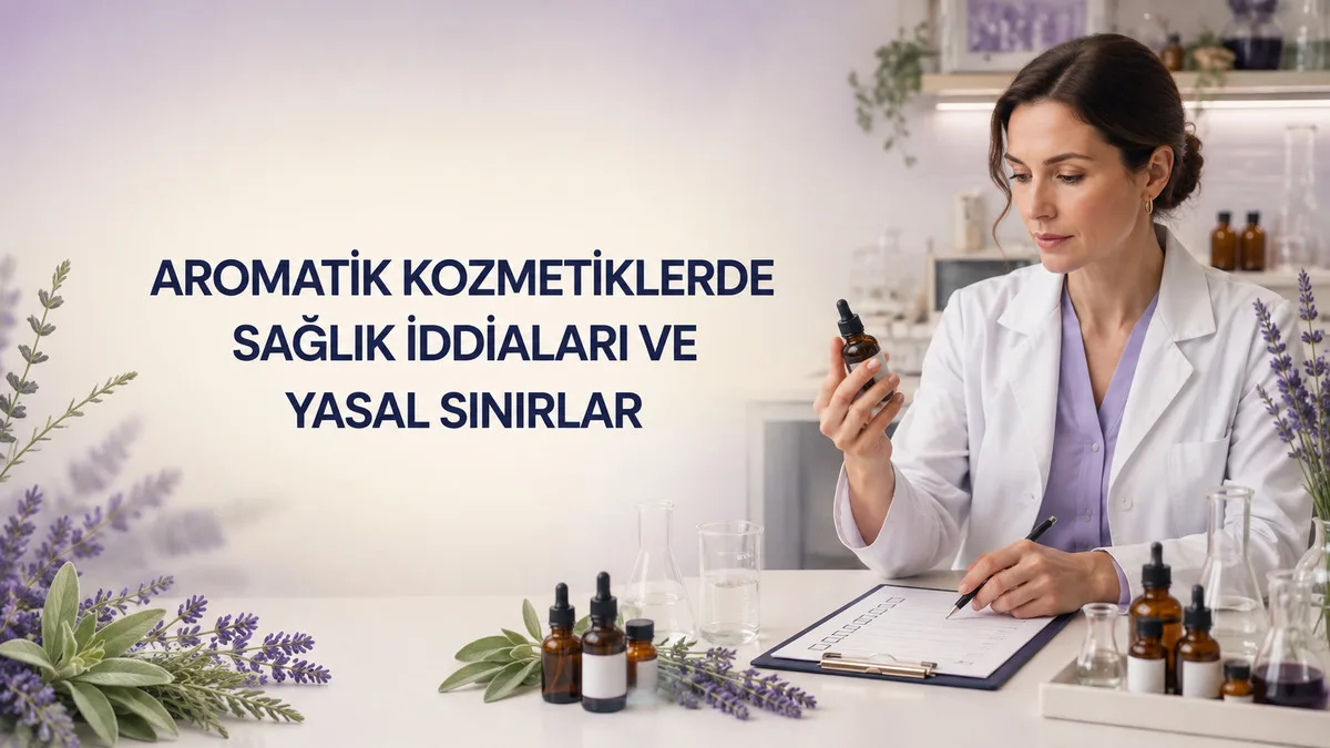 Aromatik kozmetik ürün etiketindeki sağlık iddialarını ve yasal uygunluğu inceleyen kozmetik uzmanı
