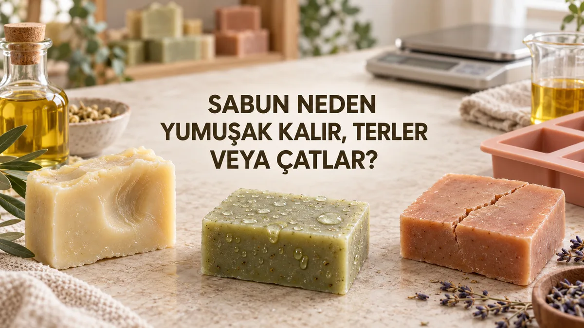 Yumuşak kalan, yüzeyinde nem damlacıkları oluşan ve çatlayan üç farklı doğal sabun örneği