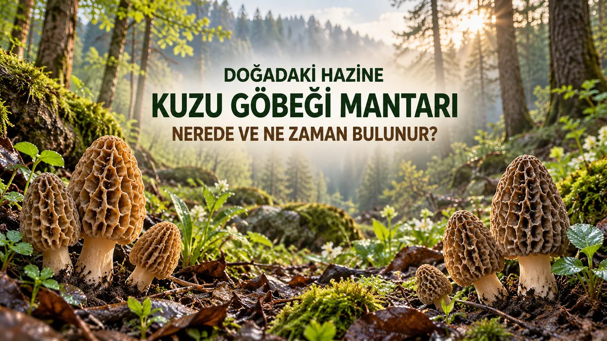 İlkbaharda nemli orman zemininde doğal olarak yetişen petek şapkalı kuzu göbeği mantarları.