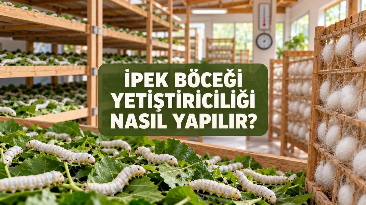 Dut yapraklarıyla beslenen ipek böcekleri, çok katlı besleme kerevetleri ve askılarda oluşan beyaz ipek kozaları.