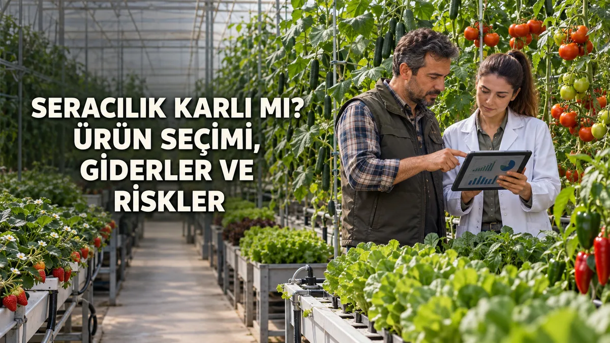 Modern serada farklı ürünleri ve üretim maliyetlerini inceleyen üretici ile ziraat mühendisi