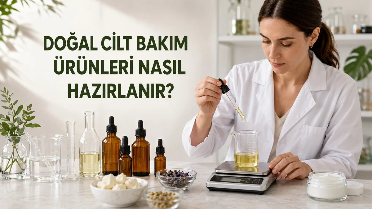 Doğal cilt bakım ürünü hazırlamak için bitkisel yağları ve kozmetik hammaddeleri tartan formülasyon öğrencisi