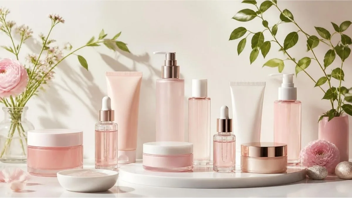 Masa üzerinde sıralanmış Kore kozmetikleri serum, essence ve nemlendirici şişeleri