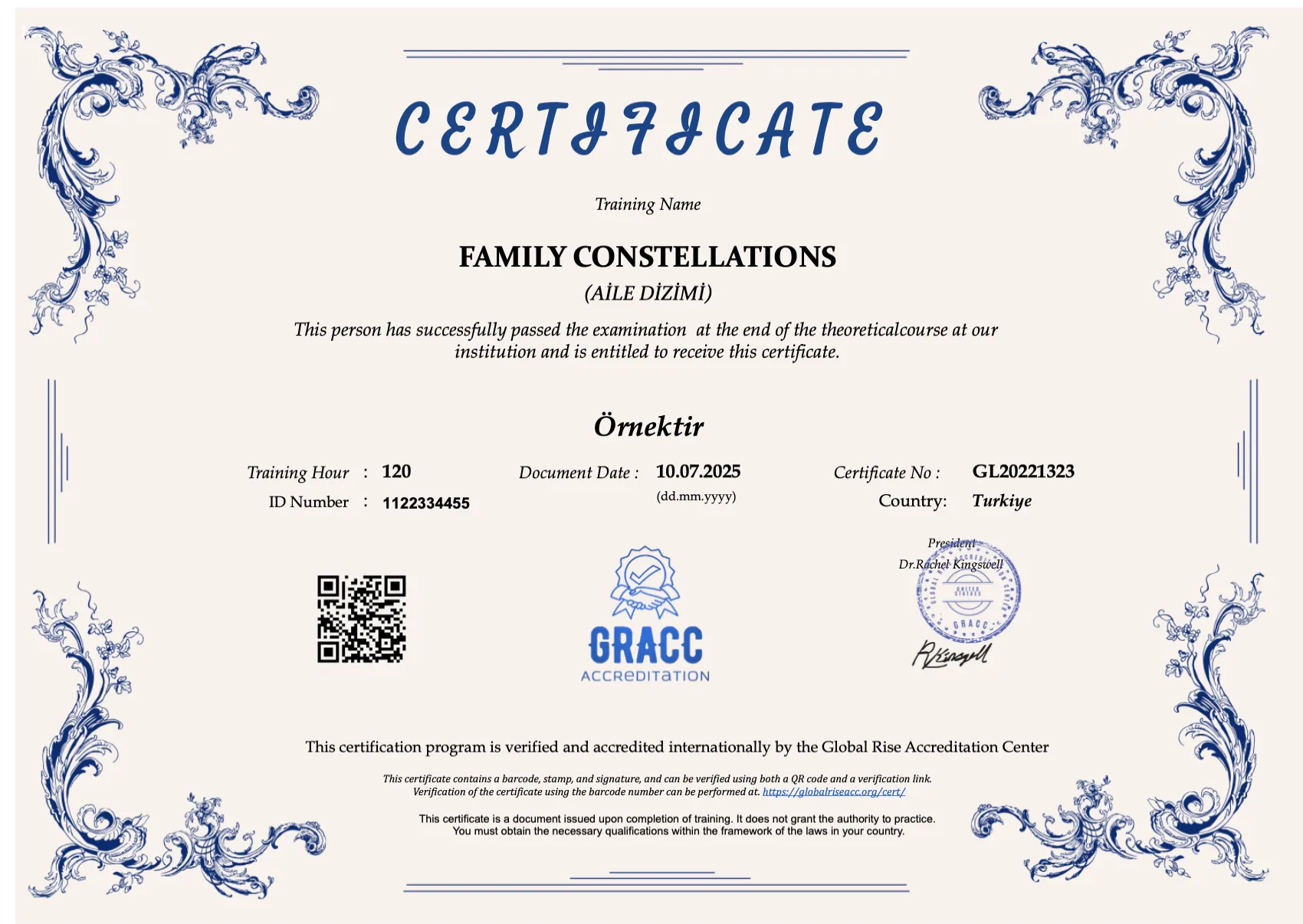 Uygulamalı Aile Dizimi Master Kursu sertifika örneği 1