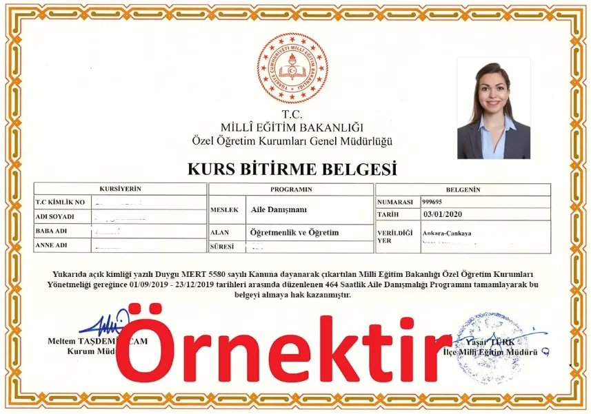 Aile Danışmanlığı Eğitimi (Uygulamalı Online Sertifika Programı) sertifika örneği 1